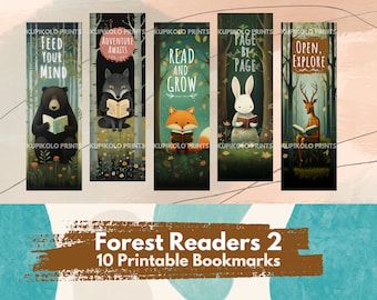 Forest Readers 2, Lesezeichen, gemütlich, niedliche Illustrationen, druckbare Lesezeichen, PNG und PDF, herunterladbar, Lesezeichen