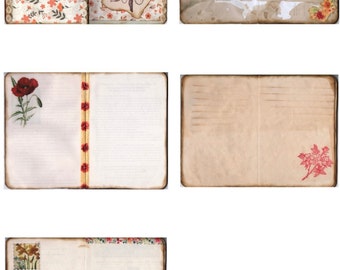 May include: A collection of vintage-style journal pages with floral and botanical illustrations. The pages feature a variety of designs, including a floral bouquet, a poppy, and a sprig of flowers. The pages are aged with a distressed look.