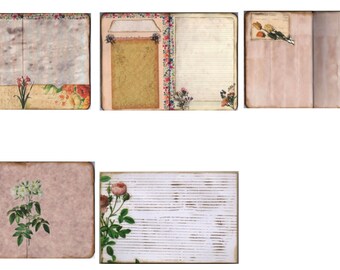 May include: A collection of vintage-style paper ephemera with floral and botanical illustrations. The set includes aged paper backgrounds, lined pages, and decorative floral accents in shades of beige, brown, and cream. Some pieces feature pockets and decorative borders.