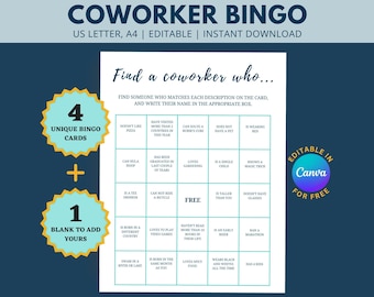 Könnte beinhalten: Eine blaue und weiße Bingokarte mit dem Titel "Coworker Bingo". Die Karte hat 25 Felder mit verschiedenen Aufforderungen, um einen Kollegen zu finden, der der Beschreibung entspricht. Die Karte ist in Canva bearbeitbar und enthält 4 einzigartige Bingokarten und 1 leere Karte, um eigene Aufforderungen hinzuzufügen.