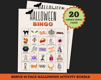 Könnte beinhalten: Halloween-Bingo-Karten mit einer Vielzahl von gruseligen Bildern und Wörtern. Die Karten zeigen Fledermäuse, eine schwarze Katze und die Worte "Halloween Bingo" oben. Die Karten enthalten 20 einzigartige Bingo-Karten und ein Bonus-Halloween-Aktivitätspaket mit 10 Seiten.