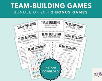 May include: A bundle of 20 printable team-building games with 2 bonus games. The games include: Tic Tac Toe, Word Search, Never Have I Ever, What's on Your Phone?, Make Some Words, Memory Game, and Charades. The games are black and white with a teal background.