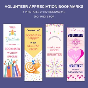 May include: Four printable bookmarks with colourful designs and inspirational messages for volunteers. The bookmarks feature a stack of books, a target with a trophy, fireworks, and a heart with a heartbeat line. The text on the bookmarks includes "With Gratitude", "You are the Bookmark", "Volunteers like you make our world brighter", and "Volunteers like you are the heartbeat of our organisation".