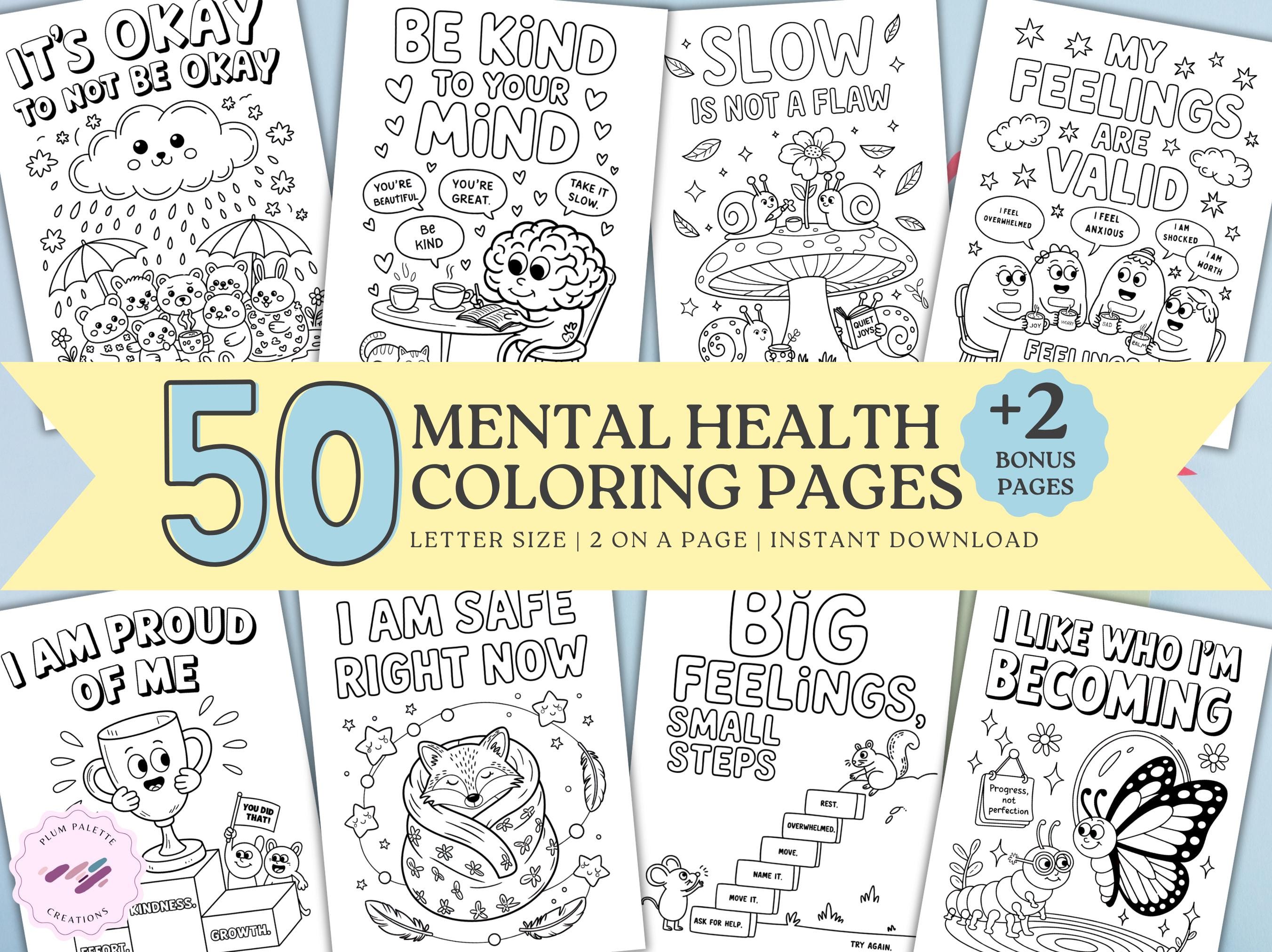 Mental Health Coloring Pages Printable Bundle – 52 Mindfulness, Coping Skills, and Self-Care Coloring Sheets