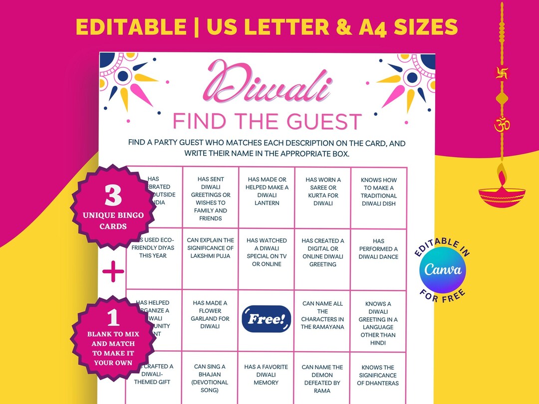 Diwali Bingo Printable Find the Guest Bingo Game Diwali Human Bingo ...