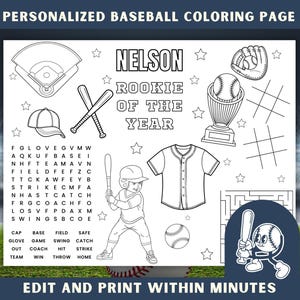 Rookie of The Year Coloring Page,Baseball Party,Baseball Birthday,Birthday Activity,Rookie Year, Baseball Coloring,Coloring Placemat,Sports