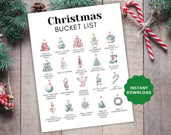 Può includere: Un elenco di attività natalizie stampabile bianco con illustrazioni ad acquerello di attività natalizie. L'elenco include attività come la costruzione di una casa di pan di zenzero, la scrittura a Babbo Natale e la decorazione di un albero di Natale. Un adesivo verde "Download istantaneo" è a destra.