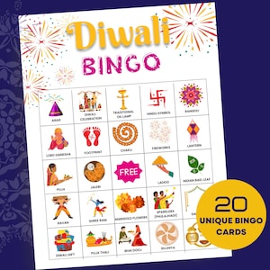 Diwali Bingo Printable Cards, Family Diwali Bingo, Desi Indian Games for Kids Adults, Diwali Bingo Party Activity, Office Classroom Fun Game