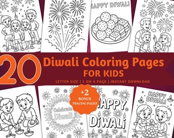 May include: A collection of 20 Diwali coloring pages for kids, featuring illustrations of fireworks, children, and traditional sweets. The pages include the text "Happy Diwali" and "Celebrate Diwali". Includes bonus tracing pages.