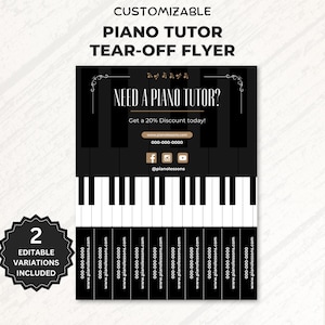 Folleto desprendible de lecciones de piano editables Plantilla de folleto desprendible de lecciones de piano Anuncio de lecciones de piano, folleto de anuncio de piano Música