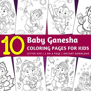 10 Baby Ganesha Coloring Pages Printable, Hindu Festival Activity for Kids, Ganesh Chaturthi Diwali Coloring Sheets, Instant Download PDF