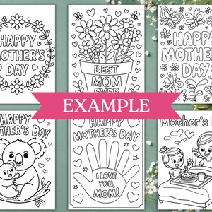 May include: Set of six printable coloring pages featuring different designs for Mother's Day. The designs include flowers, a koala, a handprint, and a child bringing breakfast in bed. Each page includes the text "Happy Mother's Day".