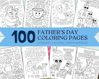 May include: A set of 100 black and white Father's Day coloring pages. The pages feature various illustrations of dads and children, including a dad holding a trophy, a dad with a coffee cup, a dad baking cookies with his child, and a dad in his workshop. The text "100 Father's Day Coloring Pages" is displayed in large, bold letters at the top of the image.