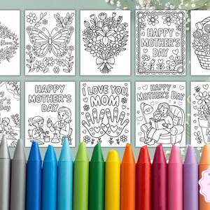 May include: A set of ten printable coloring pages featuring various Mother's Day themes, including flowers, butterflies, and children with their mothers. The pages are designed for coloring with crayons or markers.