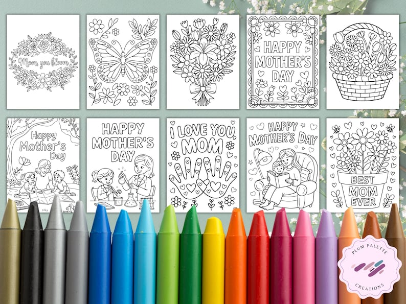 May include: A set of ten printable coloring pages featuring various Mother's Day themes, including flowers, butterflies, and children with their mothers. The pages are designed for coloring with crayons or markers.