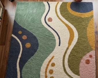 Hand Tufted Abstract Wavy Rug Organic Modern Area Rug Sage Green & Earth Tone Wool Carpet Mid Century Modern Home Decor Large Plush Rug Art