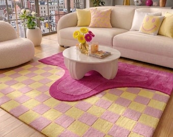 Danish Pastel Checkered Rug Pink and Yellow Hand Tufted Area Rug Funky Wavy Blob Aesthetic Carpet Trendy Y2K Dorm Décor Large Girly Wool Rug
