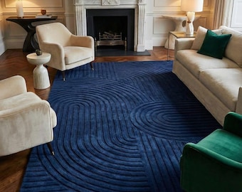 9x12ft Hand Tufted Rug Navy Blue Modern Abstract Carpet Luxury Wool Area Rug, Geometric Taxtured Living Room Rug, Designer Handmade Carpet