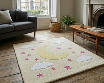 Moon and Stars Hand Tufted Rug Cream Pink Celestial Area Rug Whimsical Nursery Decor Clouds Wool Carpet Kids Playroom Rug Baby Shower Gift