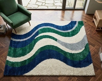 Tappeto in lana trapuntato a mano, motivo astratto a onde blu e verdi, moderno tappeto a pelo lungo per soggiorno, grande tappeto in stile costiero, tappeto geometrico fatto a mano