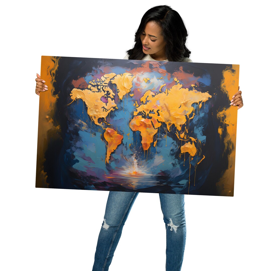 World Map METAL Wall Art World Map Oil Painting Art Printed Etsy