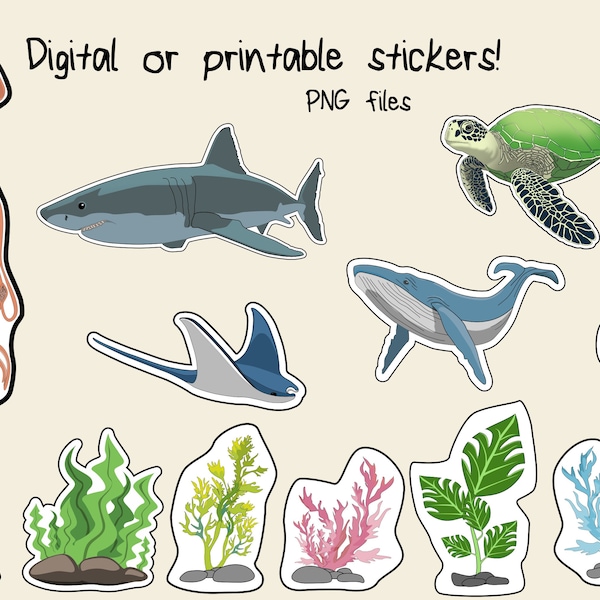 Printable Sealife Sticker Set | Digital Sea animal and Seaweed Stickers | PNG Digital Download