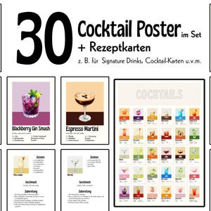 Könnte beinhalten: Ein Set aus 30 Cocktail-Postern und Rezeptkarten mit Illustrationen verschiedener Drinks wie Mojito, Moscow Mule und Espresso Martini. Der Text enthält 30 Cocktail Poster im Set + Rezeptkarten z. B. für Signature Drinks, Cocktail-Karten u.v.m.