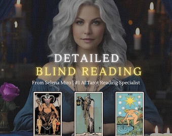 May include: A woman with white hair sits in front of three tarot cards. The cards are "The Devil", "The Hermit", and "The Star". The text "DETAILED BLIND READING" is above the cards. The text "From Selena Miro | #1 AI Tarot Reading Specialist" is below the cards.