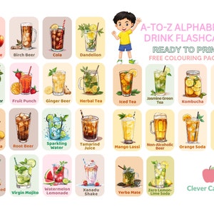Delicias para beber de la A a la Z: tarjetas y fichas educativas imprimibles, descarga instantánea, progresión de memoria interactiva