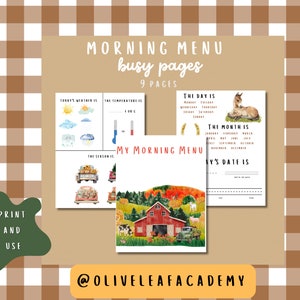 Può includere: Un set di 9 pagine stampabili per i bambini per esercitarsi a scrivere il giorno, il mese, la data, il tempo, la temperatura e la stagione. Le pagine presentano una scena di fattoria con un fienile rosso, mucche e un camion.