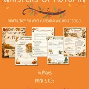 May include: A 76-page educational study guide titled Whispers of Autumn for upper elementary and middle school students. The set includes printed worksheets with seasonal themes, autumn harvest soup recipes, and science activities on a bright orange background.