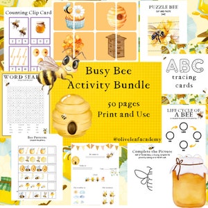 Busy Bee Themed Activity Bundle, 50 pages, Homeschool Printable Workbook, Educational, Spring Activities, Bee Unit