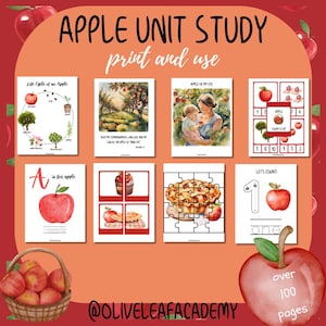 Könnte beinhalten: Ein Apple Unit Study print and use Lernset mit acht Seiten voller Apfel-Illustrationen, darunter ein Lebenszyklus-Diagramm, Zählaufgaben, ein Puzzle und Aquarellbilder. Die Seiten sind auf einem orangefarbenen Hintergrund angeordnet.