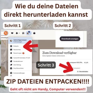 May include: An instructional graphic with white text boxes explaining how to download digital files. It features screenshots of a user account menu, a downloads button, and a file download link, with red arrows pointing to specific steps.