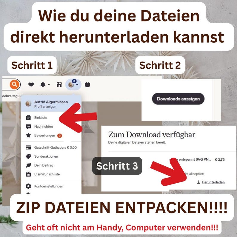 May include: An instructional graphic with white text boxes explaining how to download digital files. It features screenshots of a user account menu, a downloads button, and a file download link, with red arrows pointing to specific steps.