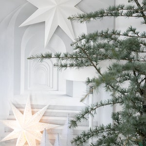 May include: A large white paper star ornament with cut-out details, a smaller illuminated white star, and three miniature white bottle brush trees on wooden bases. A green evergreen branch is visible on the right side of the frame.