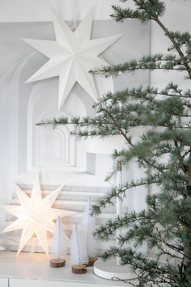 May include: A large white paper star ornament with cut-out details, a smaller illuminated white star, and three miniature white bottle brush trees on wooden bases. A green evergreen branch is visible on the right side of the frame.