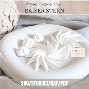 May include: Digital cutting files labeled BAISER STERN with SVG, STUDIO3, DXF, and PDF formats. The image displays white paper star ornaments with pointed, swirling petals and small white meringue-like shapes on a white plate with a video tutorial.