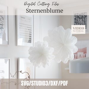 Può includere: File di taglio digitali per una Sternenblume, con due fiori di carta bianchi a forma di stella a più strati con petali pieghettati. Il testo recita Digital Cutting Files, Sternenblume, VIDEO TUTORIAL e SVG/STUDIO3/DXF/PDF.