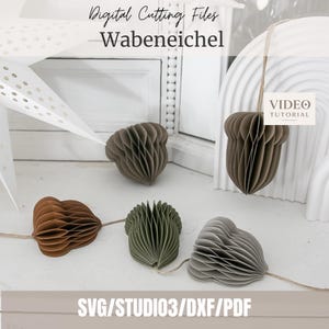 May include: Digital cutting files for honeycomb paper acorns in brown, olive green, and gray. The set includes SVG, STUDIO3, DXF, and PDF formats. One acorn hangs from a string, while others rest on a surface. Text reads Digital Cutting Files, Wabeneichel, and VIDEO TUTORIAL.