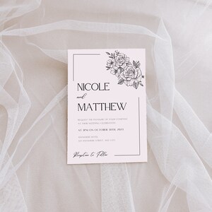 Simple Wedding Invitations, Black and White, Floral Invites