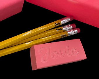 Personalized engraved pencils and erasers for school use
