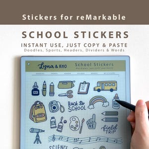 May include: A digital tablet displaying school-themed stickers, including doodles, sports icons, and headers. The text on the screen reads "School Stickers" and "Instant Use, Just Copy & Paste." A hand holds a stylus, ready to use the stickers.