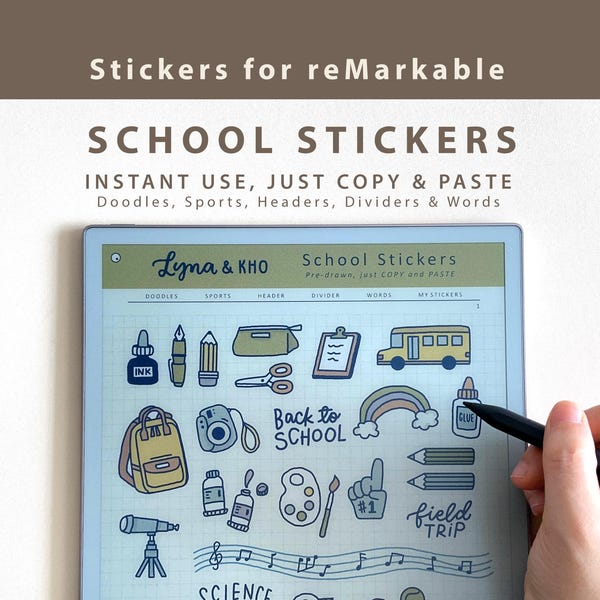 Stickers scolaires sur papier reMarkable Pro et Move : gribouillages, sport, en-tête, intercalaire et mots (COPIER/COLLER, téléchargement numérique instantané)