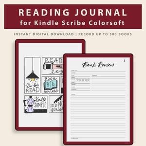 Puede incluir: Un diario de lectura digital para Kindle Scribe Colorsoft. Presenta un borde burdeos e incluye una página para reseñas de libros y una página con ilustraciones y el texto "to be READ", "READ", "review", y "DID NO finish".