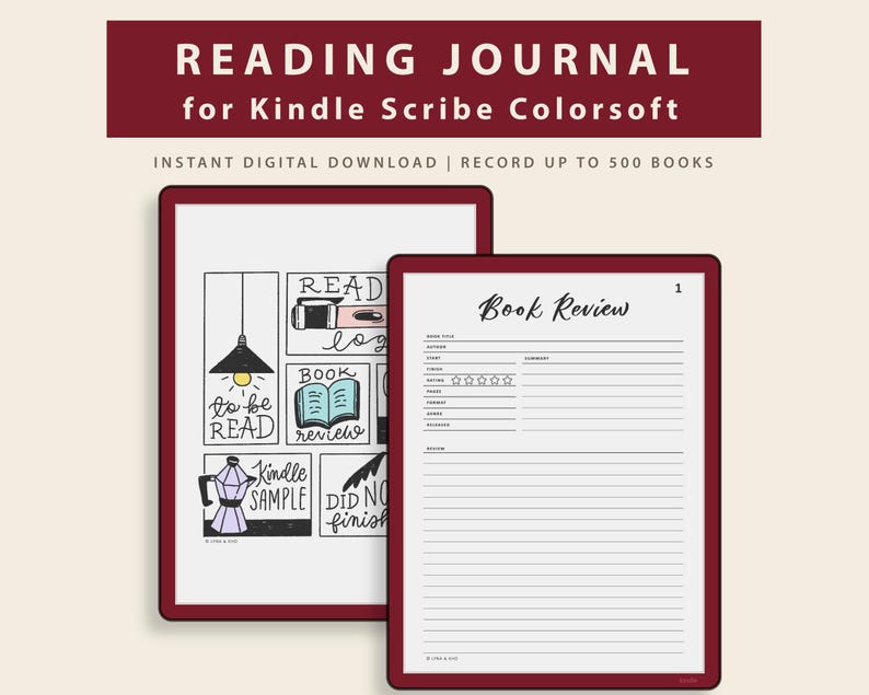 Reading Journal for Kindle Scribe Colorsoft: Book Review Tracker (500 books, Instant PDF Download)