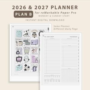 May include: A digital planner for reMarkable Paper Pro labeled 2026 & 2027 PLAN B. The display shows a grid of hand-drawn icons including a calendar, cake, and shopping cart, alongside a daily page layout for 01 JAN 2027 with schedule and to-do lists.