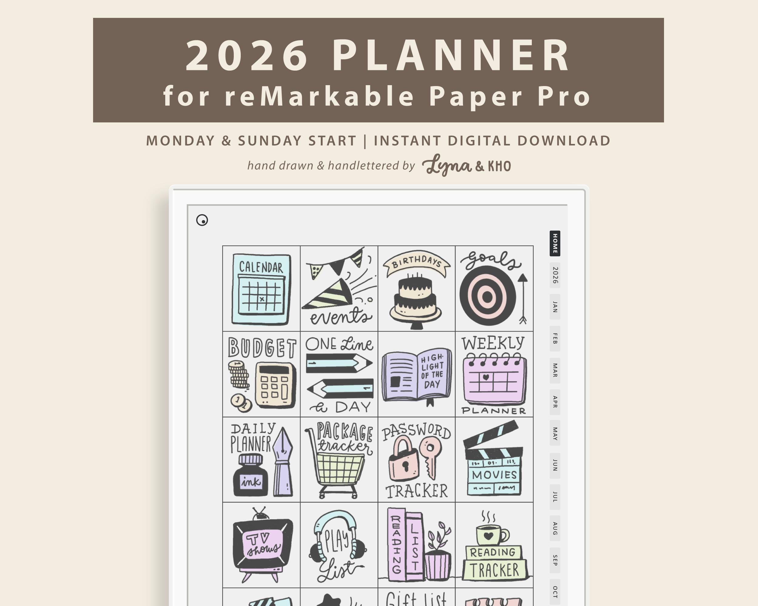 2026 Planner for Remarkable Paper Pro: Color Hypelinked Monthly, Weekly ...