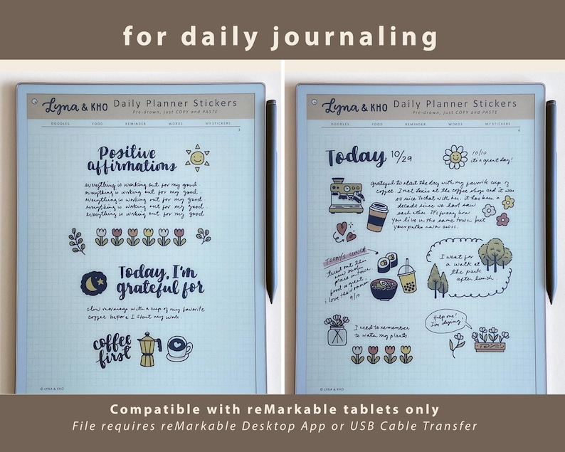 Daily Planner Stickers for Remarkable Paper Pro and Move: Doodles, Food ...