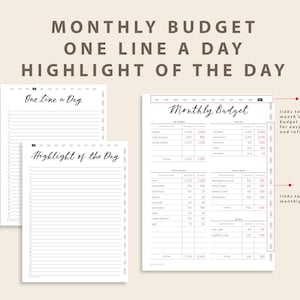 May include: A digital planner set featuring Monthly Budget, One Line a Day, and Highlight of the Day templates. The pages include black text on a white background with organized tables for income, expenses, savings, and debt, plus numbered lines for daily entries and navigation tabs.